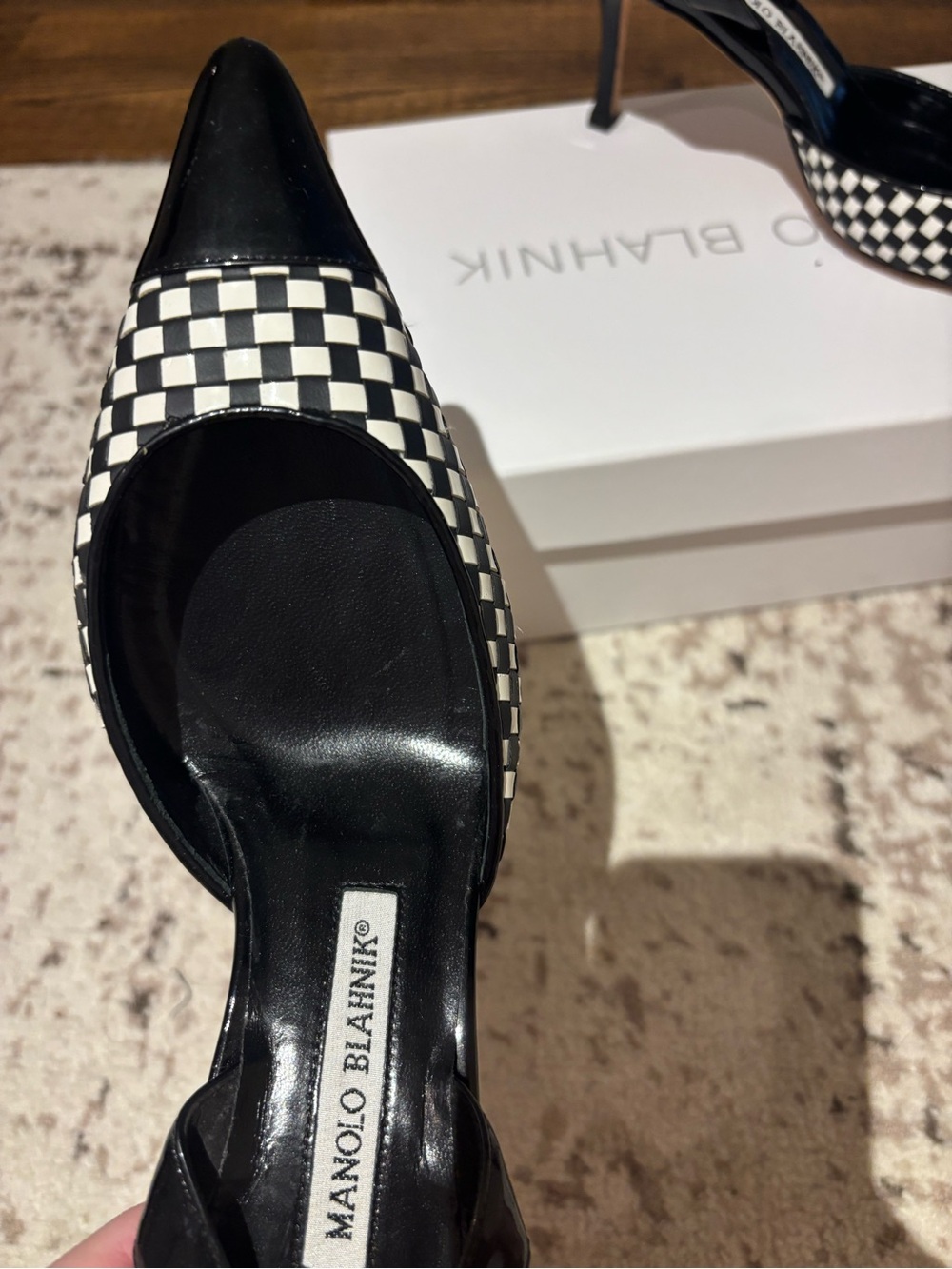 Manolo Blahnik Carolyne Black & White Checkered Slingback Pumps - Picture 3 of 5